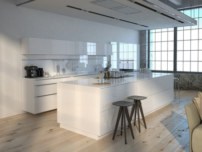 Eine weiße moderne Küche mit Kochinsel in einer hellen und großzügig geschnittenen Wohnung.