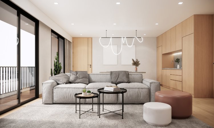 Ein modern eingerichtetes Wohnzimmer mit grauer Couch