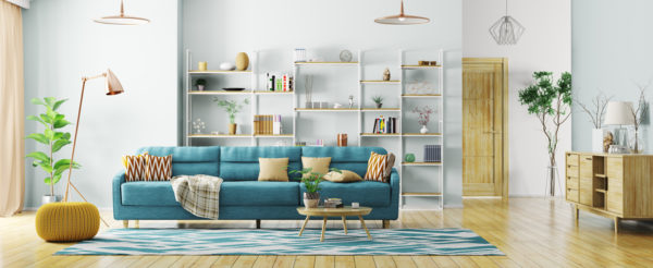 Wohnzimmer mit Regalen als Stauraum