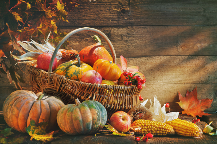 Herbstlich dekorierter Korb mit Kürbissen, Obst und Blättern vor einer Holzwand